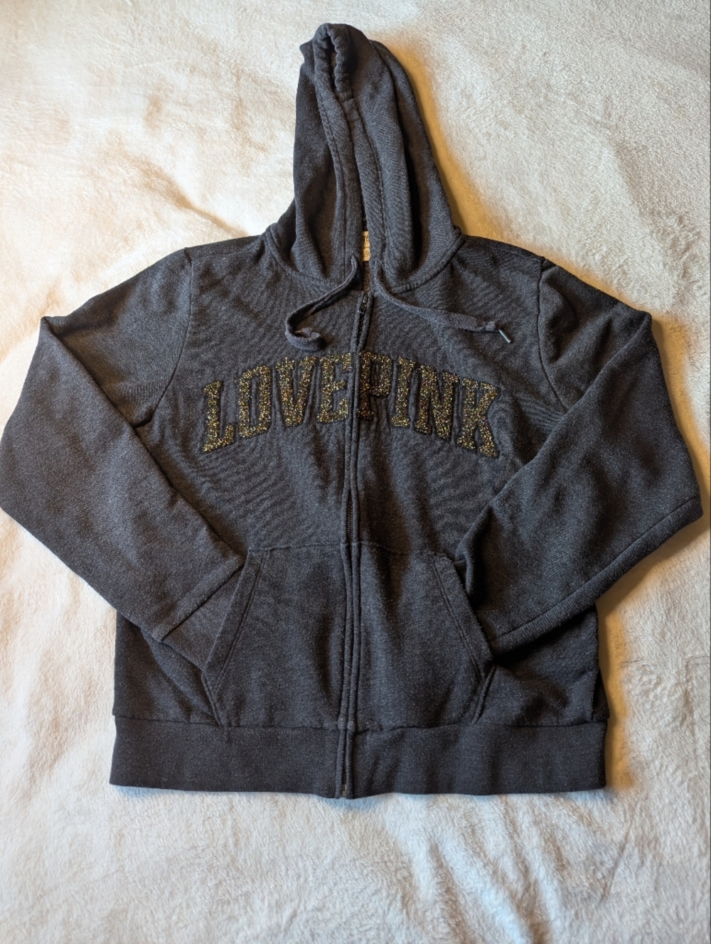 PINK Victoria's Secret Charcoal Gray 'LOVE PINK' Zip-Up Hoodie - Picture 3 of 9